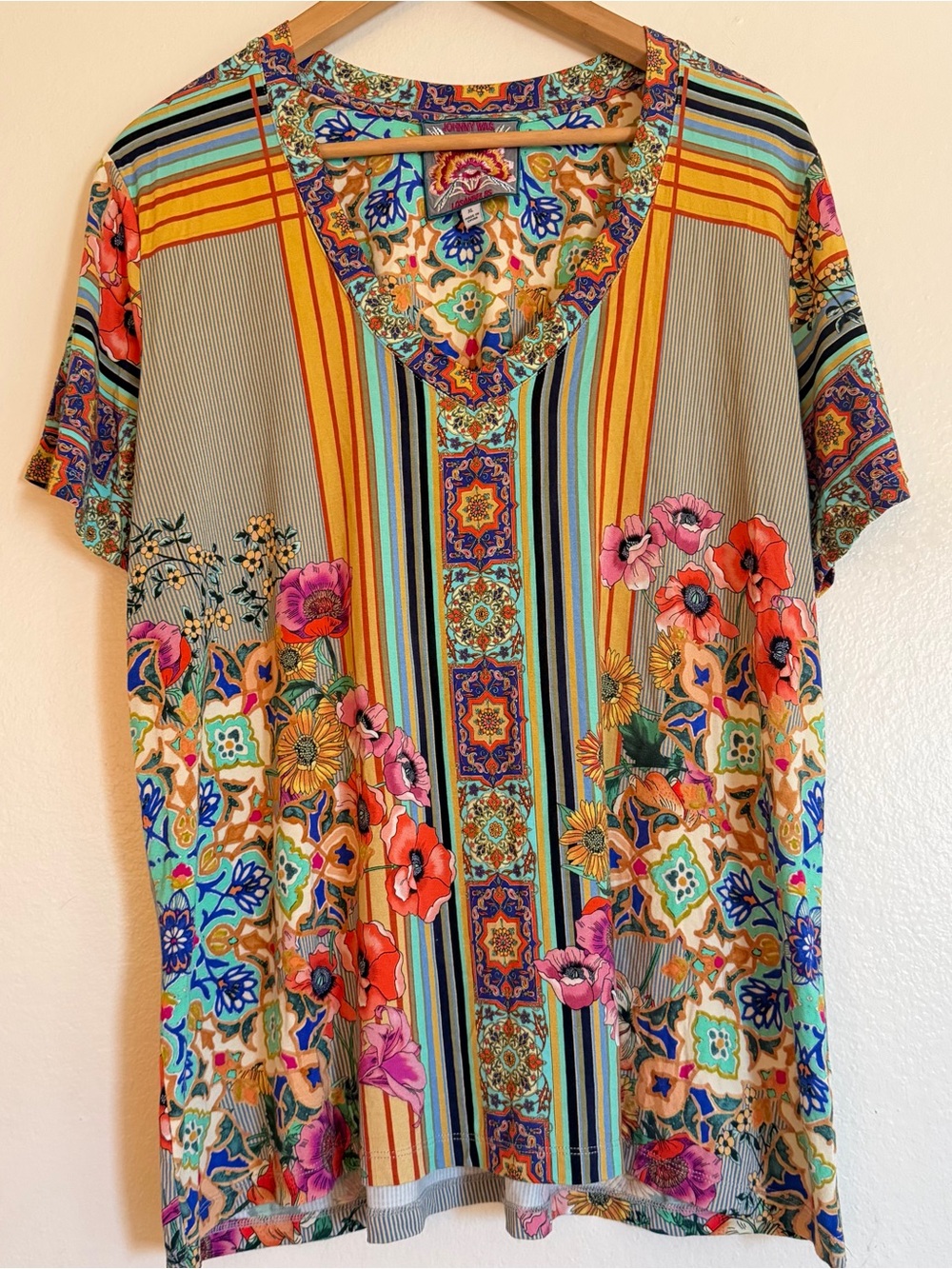 Johnny Was Multicolor Floral Stripe Boho Top Blouse XL